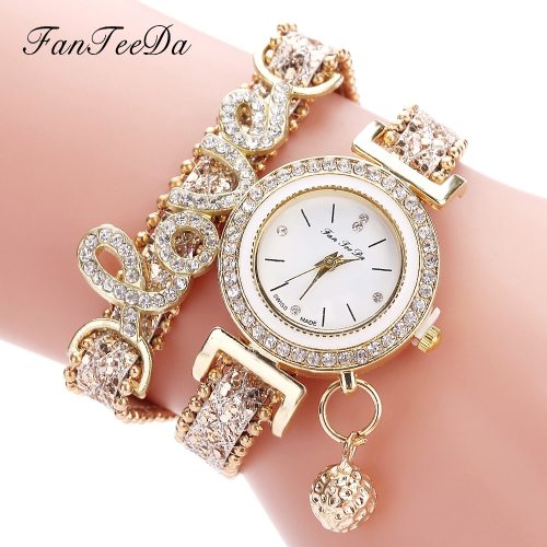 Brand Women Bracelet Watches Ladies Love Leather Strap Rhinestone Quartz Wrist Watch Luxury Fashion Quartz Watch