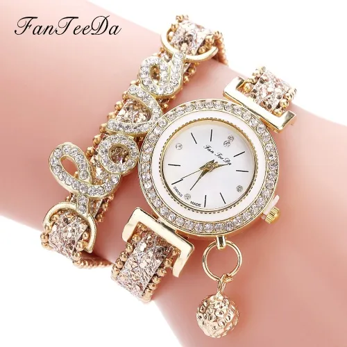 Brand Women Bracelet Watches Ladies Love Leather Strap Rhinestone Quartz Wrist Watch Luxury Fashion Quartz Watch