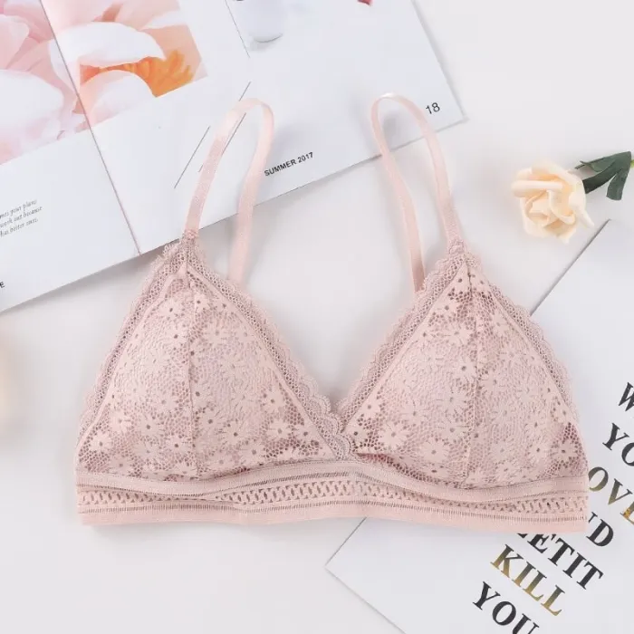French women's lace sexy lace bra seamless deep V lace thin wireless bra triangle cup underwear sexy female underwear soft bra