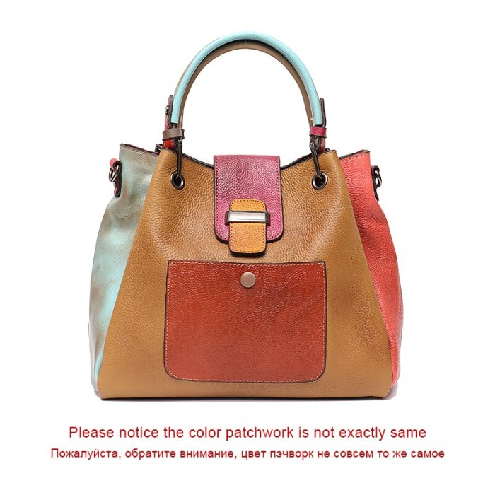 Retro Color Leather Patchwork Shoulder Bag Ladies Italian Leather Hobo Women Vintage Tote Female Crossbody&Messenger HandBag