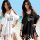 Summer Beach Bikini Cover Up Women White Off Shoulder Kafan Sarong Loose Tops Casual Fringed Shirt Swimwear Beachwear