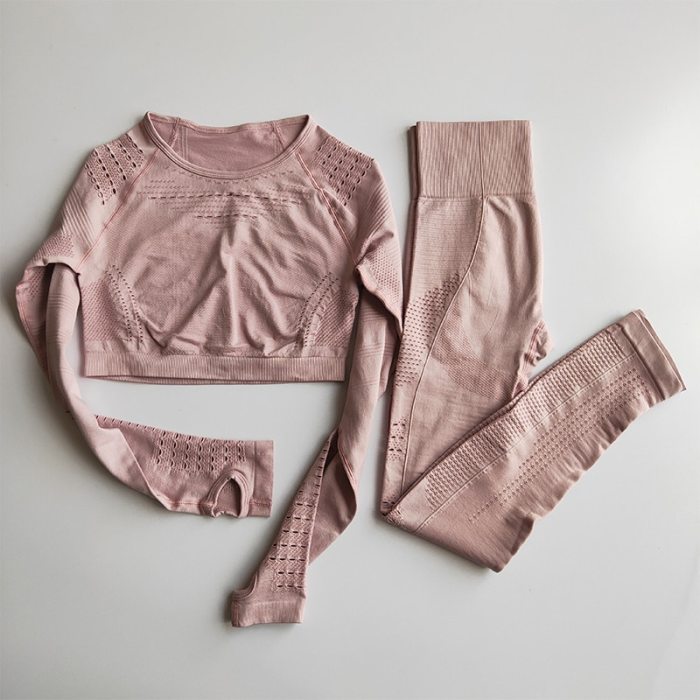 Women Seamless Gym Sets High Waist Gym Mesh Leggings Shirts Suit Long Sleeve Fitness Workout Sports Running Thin Sport Sets
