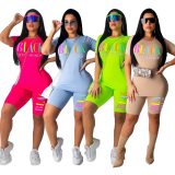 2019 Women new summer letter print short sleeve t-shirt knee length shorts suit two piece set sporting tracksuit outfit GL5249