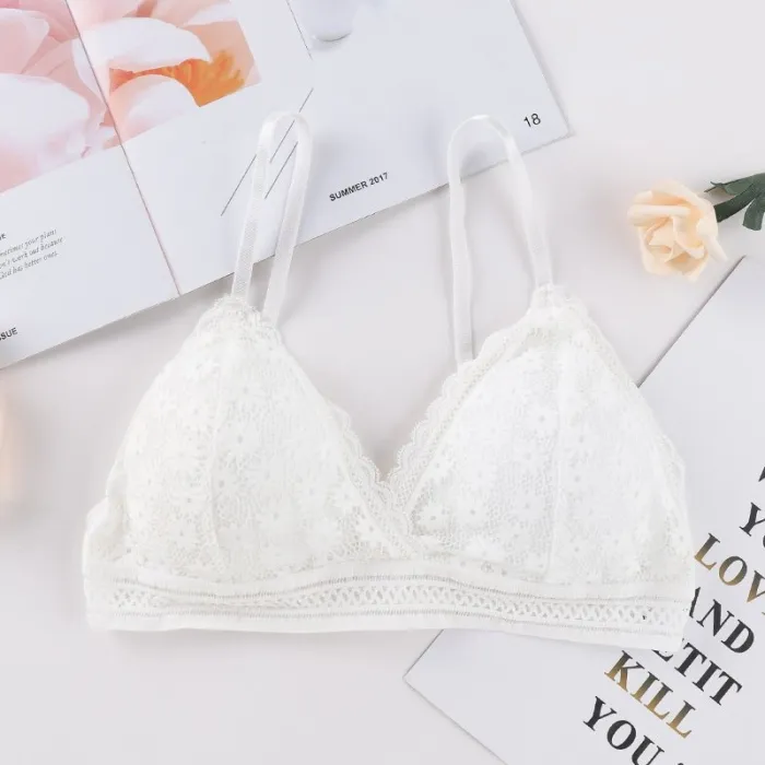 French women's lace sexy lace bra seamless deep V lace thin wireless bra triangle cup underwear sexy female underwear soft bra