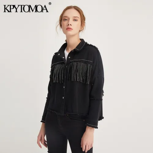 Vintage Stylish Fringe Beaded Oversized Jacket Coat Women 2020 Fashion Long Sleeve Frayed Trim Ladies Outerwear