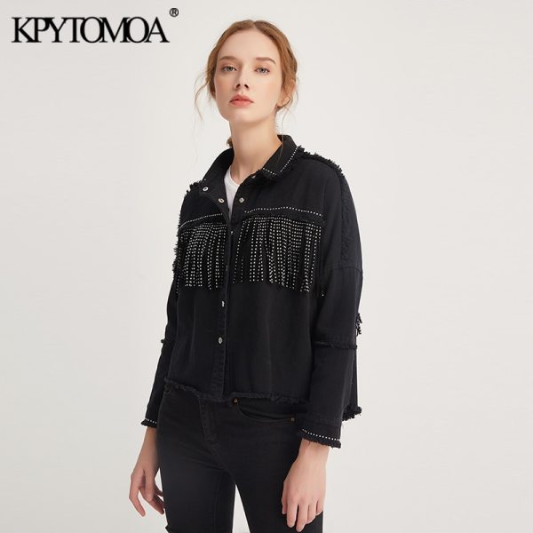 Vintage Stylish Fringe Beaded Oversized Jacket Coat Women 2020 Fashion Long Sleeve Frayed Trim Ladies Outerwear
