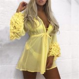 Summer Sexy Beach Mini Dress Women Long Puff Sleeve Bikini Cover Up Tunic Pareo Sarong Swimwear Mesh Sundress Robe