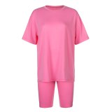 Sweetown Casual Workout Women Two Pieces Sets Short Sleeve Sporty Active Wear Fashion Outfit Summer Top And Biker Shorts Set