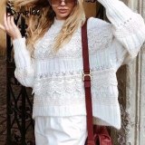 Simplee knitted hollow out sweater women Drop-shoulder  sleeve pullover Loose high-necked  white sweater autumn winter 2020