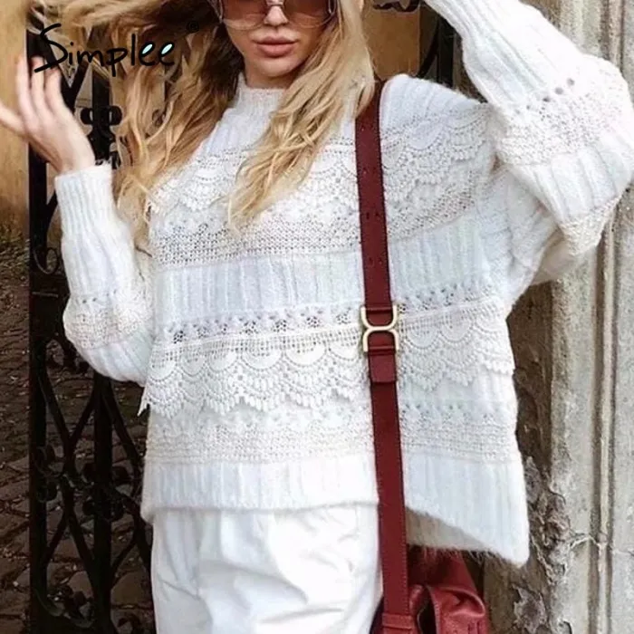 Simplee knitted hollow out sweater women Drop-shoulder  sleeve pullover Loose high-necked  white sweater autumn winter 2020