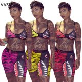 VAZN Camouflage Colorful Printed Sexy Two Piece Set Spaghetti Strap Sleeveless Crop Top And Sheath Short Pants Tracksuit LS6222