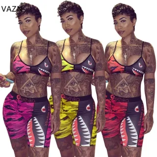 VAZN Camouflage Colorful Printed Sexy Two Piece Set Spaghetti Strap Sleeveless Crop Top And Sheath Short Pants Tracksuit LS6222