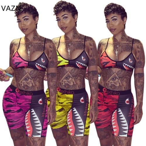VAZN Camouflage Colorful Printed Sexy Two Piece Set Spaghetti Strap Sleeveless Crop Top And Sheath Short Pants Tracksuit LS6222