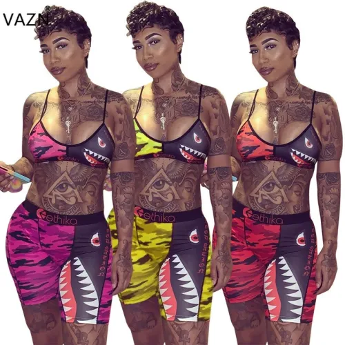 VAZN Camouflage Colorful Printed Sexy Two Piece Set Spaghetti Strap Sleeveless Crop Top And Sheath Short Pants Tracksuit LS6222