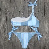 Hirigin Women Swimwear Striped Women Bikinis Set One Shoulder Bandage Pushed Up Paded Bikinis Swimsuits Real Photo