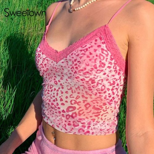 Sweetown Pink Patchwork Lace Edge Leopard Tank Top Women Sleeveless Sexy Party Clubwear V Neck Rave Streetwear Crop Top Harajuku