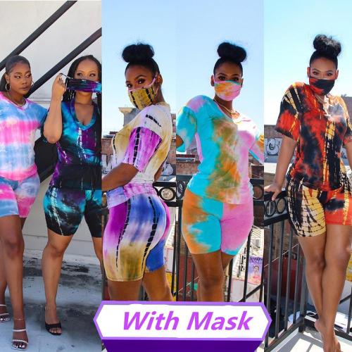 JRRY Women Tracksuit Two Pieces Set Mask Short Sleeve V Neck Top Short Pants 2 Pieces Set Outfits Skinny Elastic Outdoor Wear