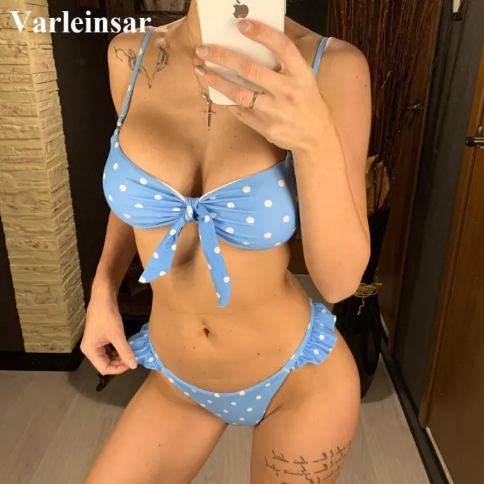 2020 Sexy Blue Bow Polka Dot Bikini Women Swimwear Female Swimsuit Two-piece Bikini set Brazilian Bather Bathing Suit Swim V1672