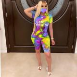 JRRY Women Tracksuit Two Pieces Set Mask Short Sleeve V Neck Top Short Pants 2 Pieces Set Outfits Skinny Elastic Outdoor Wear