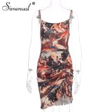 Simenual Aesthetic Print Sexy Women Party Dresses Fashion Sleeveless Strap Drawstring Ruched Clubwear Mini Dress Bodycon Summer