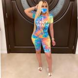 JRRY Women Tracksuit Two Pieces Set Mask Short Sleeve V Neck Top Short Pants 2 Pieces Set Outfits Skinny Elastic Outdoor Wear