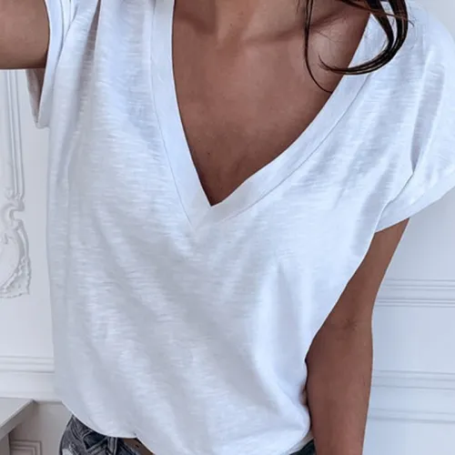 GAOKE White Summer T Shirt Women Casual Womens Tee Shirts V-neck Tshirt Pus Size XL Short Sleeve T-shirt Ladies Women Clothings