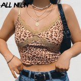 ALLNeon Y2K E-girl Leopard Criss-cross Lace Front Camis Tops Punk Style Fashion Summer Backless Crop Top Streetwear Party Wear