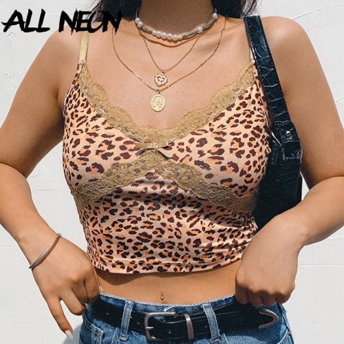 ALLNeon Y2K E-girl Leopard Criss-cross Lace Front Camis Tops Punk Style Fashion Summer Backless Crop Top Streetwear Party Wear