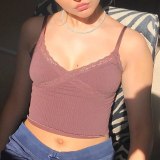 Waatfaak Patchwork Lace Y2K Summer Crop Top Women Pink Casual Cropped Tops Purple Tank Top Spaghetti Straps Camis Top E-girl