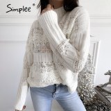 Simplee knitted hollow out sweater women Drop-shoulder  sleeve pullover Loose high-necked  white sweater autumn winter 2020