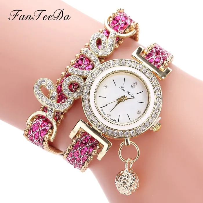 Brand Women Bracelet Watches Ladies Love Leather Strap Rhinestone Quartz Wrist Watch Luxury Fashion Quartz Watch