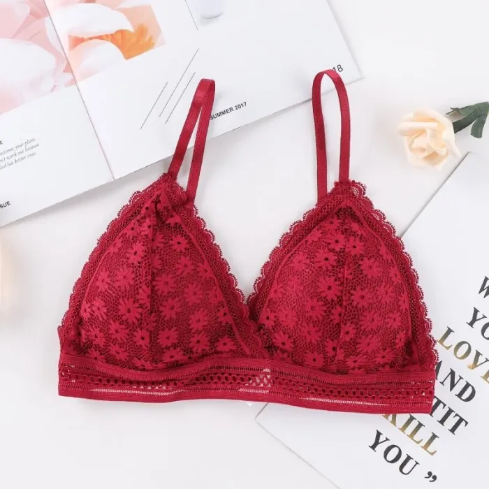 French women's lace sexy lace bra seamless deep V lace thin wireless bra triangle cup underwear sexy female underwear soft bra