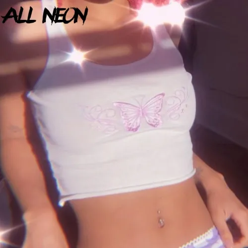 ALLNeon Punk Style Butterfly Embroidery Front White Tanks Tops Y2K Fashion Ribbed Backless Straped Cropped Tops E-girl Summer