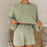 Two Piece Set Women Solid Bubble Sleeve Sweater + Shorts 2 Piece Set Women Autumn New Loose Casual Tracksuit