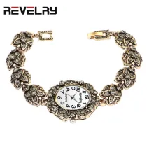 Brand Women Ancient Gold Bracelet Luxury Watches Grey Rhinestone Ladies Quartz Wristwatch Casual Women Dress Colck