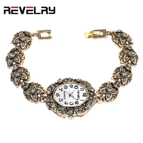 Brand Women Ancient Gold Bracelet Luxury Watches Grey Rhinestone Ladies Quartz Wristwatch Casual Women Dress Colck