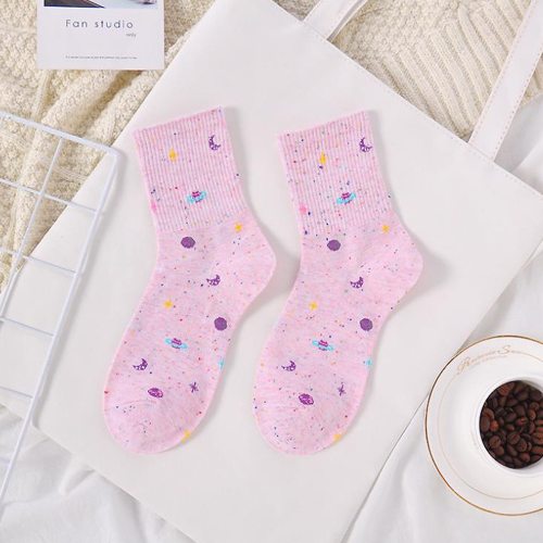 Ladies Socks Cotton Stars Moon Creative Fun Socks Universe Starry Sky Trend Harajuku Novelty Cute Middle Tube Women Cotton Socks