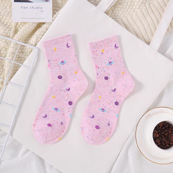 Ladies Socks Cotton Stars Moon Creative Fun Socks Universe Starry Sky Trend Harajuku Novelty Cute Middle Tube Women Cotton Socks