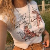 ALLNeon Harajuku Ribbed Tight Printing Crop Tops O-neck Short Sleeve Skinny White T-shirts Vintage Y2K Summer Tops Streetwear