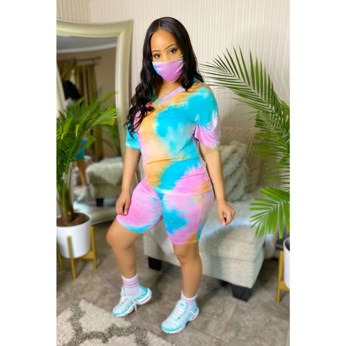 JRRY Women Tracksuit Two Pieces Set Mask Short Sleeve V Neck Top Short Pants 2 Pieces Set Outfits Skinny Elastic Outdoor Wear