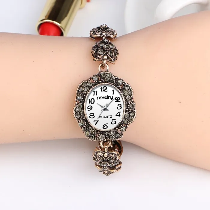 Brand Women Ancient Gold Bracelet Luxury Watches Grey Rhinestone Ladies Quartz Wristwatch Casual Women Dress Colck