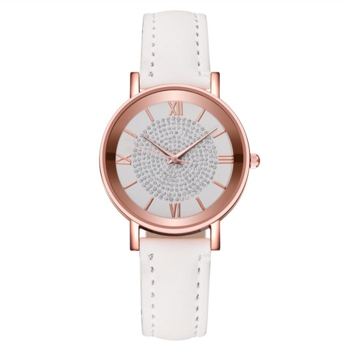 Dial Watches for Women Fashion Roman Scale Rhinestone Leather Ladies Quartz Watch Female Wrist Watch
