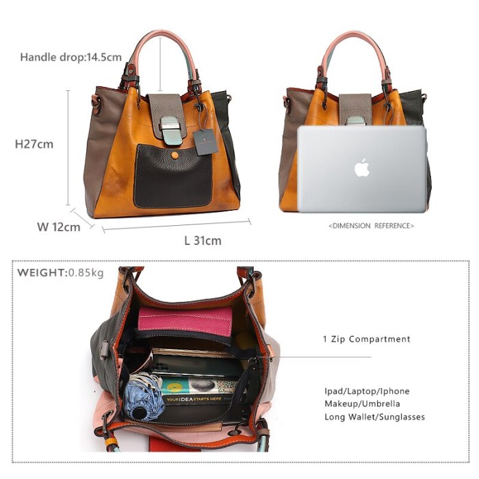 Retro Color Leather Patchwork Shoulder Bag Ladies Italian Leather Hobo Women Vintage Tote Female Crossbody&Messenger HandBag