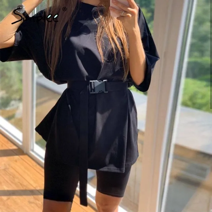 Casual solid outfits women's two piece suit with belt Home loose sports tracksuits fashion bicycle suit summer hot 2020