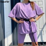 Rapwriter Solid Summer Oversized Tshirt And Shorts Two Piece Set Women Slim Shorts Long Tee Shirt Outfits Femme Biker Track Suit