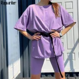 Rapwriter Solid Summer Oversized Tshirt And Shorts Two Piece Set Women Slim Shorts Long Tee Shirt Outfits Femme Biker Track Suit