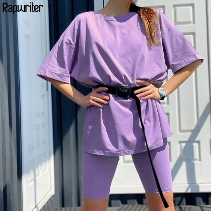 Rapwriter Solid Summer Oversized Tshirt And Shorts Two Piece Set Women Slim Shorts Long Tee Shirt Outfits Femme Biker Track Suit