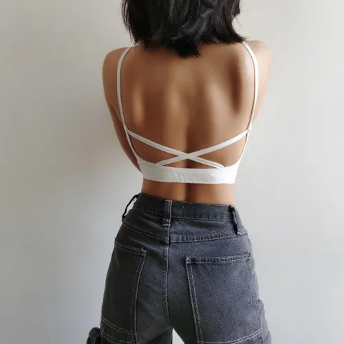 Women V Neck Rib Seamless Bra with Cross Back Crop Top