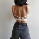 Women V Neck Rib Seamless Bra with Cross Back Crop Top