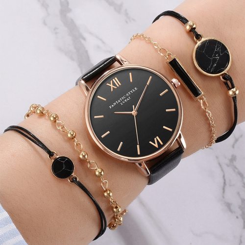5pcs Set Top Style Fashion Women's Luxury Leather Band Analog Quartz WristWatch Ladies Watch Women Dress  Black Clock